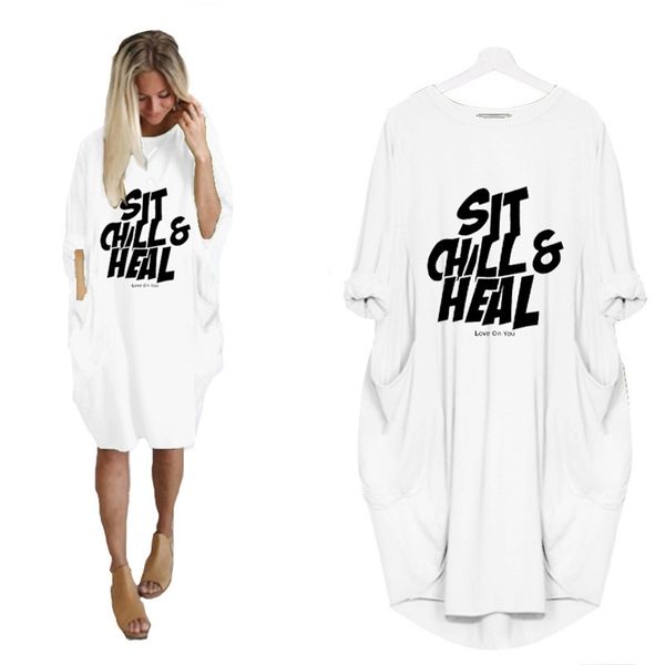 

women's casual loose pocket long sleeve plus size fat sister dress ladies round neck letter print mid-length summer 210517, Black;gray