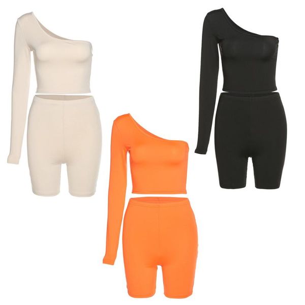 

yoga outfit women 2 piece outfits set one shoulder long sleeve crop high waist bodycon biker shorts solid color sport fitness track