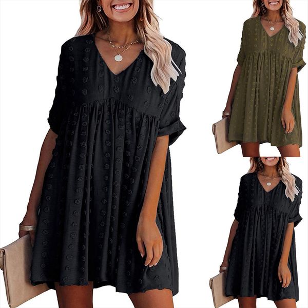 

fashion summer plus size women dress high waist dot mesh v neck solid color short sleeve sundress vestidos, Black;gray