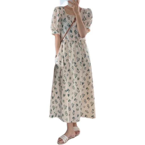 

maternity dresses lactation floral dress for high waist puff sleeve fashion printing postpartum woman breastfeeding nursing, White