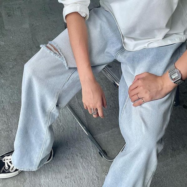 

men's jeans ripped men high street wide-leg pants fashion loose casual streetwear retro straight trousers, Blue