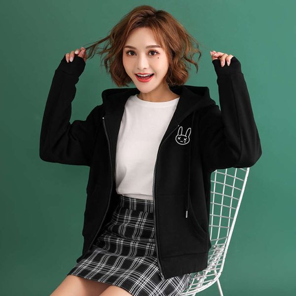 

spring and autumn hooded cardigan women's loose zipper sports sweater coat, Black