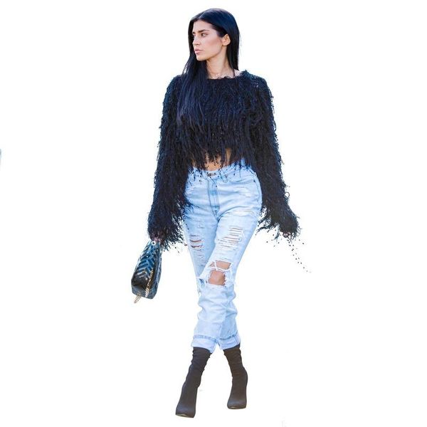 

women's fur & faux ladies autumn/winter sweater jacket handmade tassel knitted pullover b324, Black