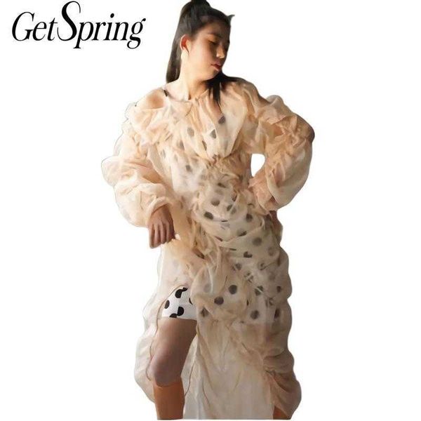 

getsring woman dress irregular split puff sleeve fake two perspective long asymmetry color matching es 210601, Black;gray
