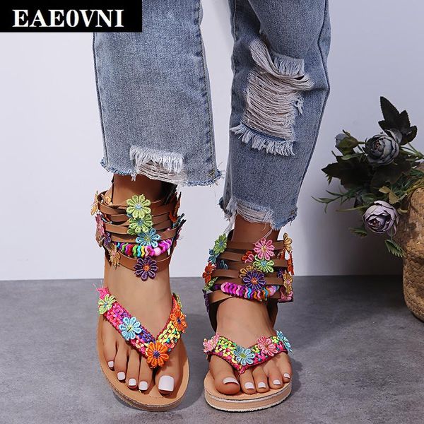 

sandals roman-style fashion floral decoration pu women's outdoor casual shoes bare foot open-toe, Black