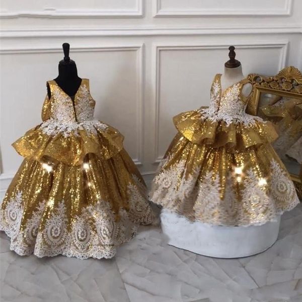 Bling ouro vestidos de festa lantejoulas bebê meninas vestidos formais para casamento marfim laço em v-pescoço ranhura bola bola flor menina vestido especial ocasião crianças