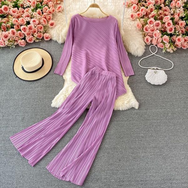 

women's two piece pants fashion women autumn suit high waist wide leg girl pleated vertical long loose irregular o-neck sets, White