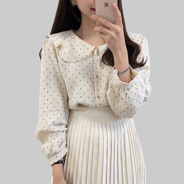 

polka dot preppy style button womens shirts long sleeve ruffled and blouses woman shirt elegant blouse femme, White