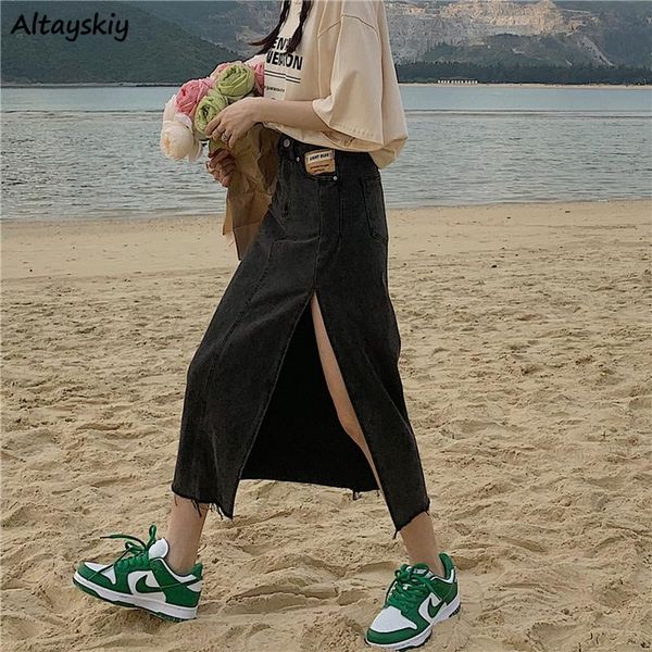 

skirts women denim long side-slit a-line all-match retro female chic high waist slim solid color streetwear fashionable ins, Black