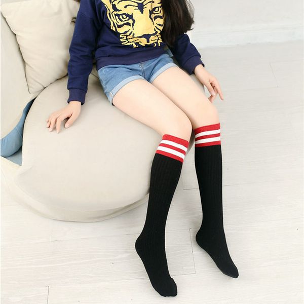 

spring and autumn two bar children' knee all cotton pile student stockings double needle girls' socks, Red;black
