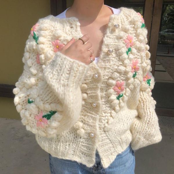 

women's knits & tees korean autumn and winter o neck pearl buckle heavy industry three-dimensional ball decoration warm cardigan sweate, White