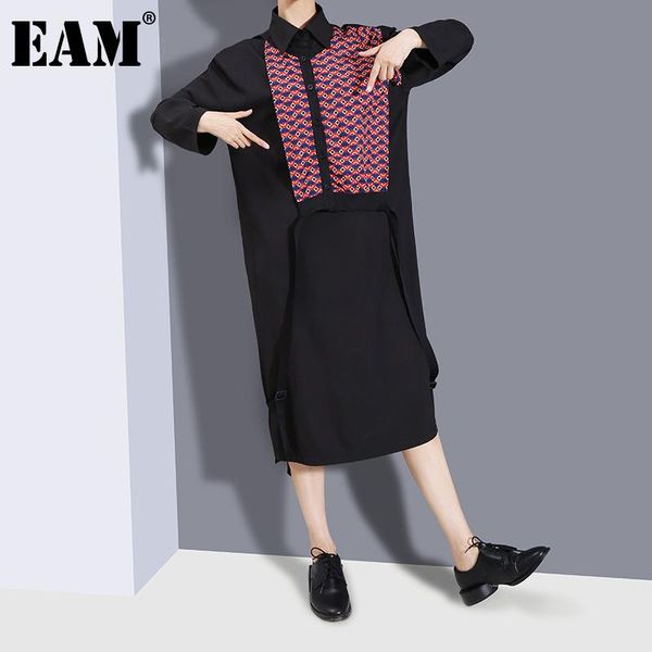 

casual dresses [eam] women black pattern printed oversized shirt dress lapel long sleeve loose fit fashion tide spring autumn 2021 1de1101, Black;gray