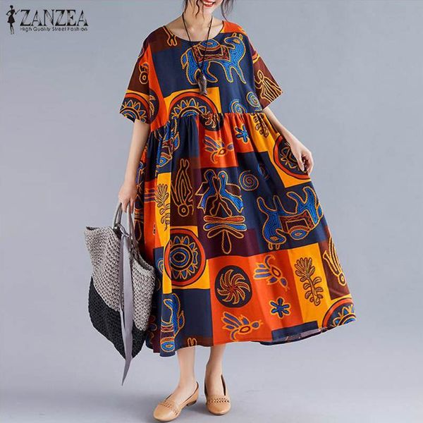 

plus size zanzea women print dress summer short sleeve sundress female vintage loose casual maxi dress robe femme long vestido, Black;gray
