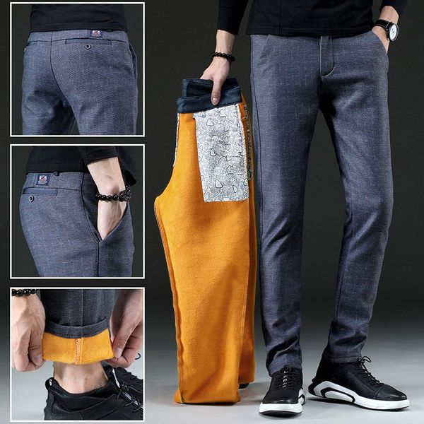 

men's pants 3 color winter fleece fluff thicken warm casual men business straight elastic thick balck cotton trousers male, Black