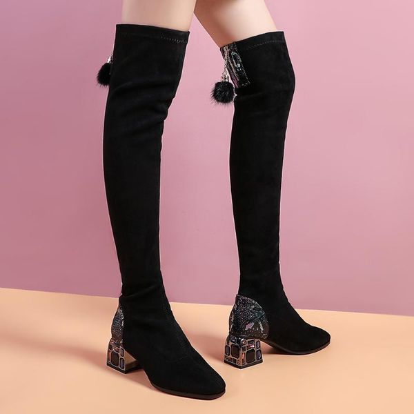 

boots aliona shoo crystal heels winter over the knee women stretch fabric thigh high woman shoes long bota feminina, Black