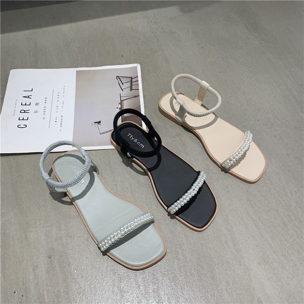 

pearl sandal new women's single slip fashion simple roman sandal flat, Black