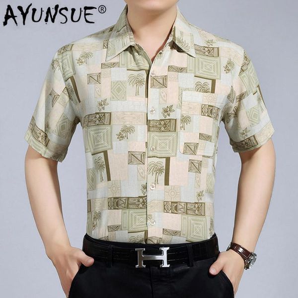 

men's casual shirts ayunsue 2021 100% silk shirt men clothes summer short sleeve shorts for mulberry chemise homme 3378 kj4556, White;black