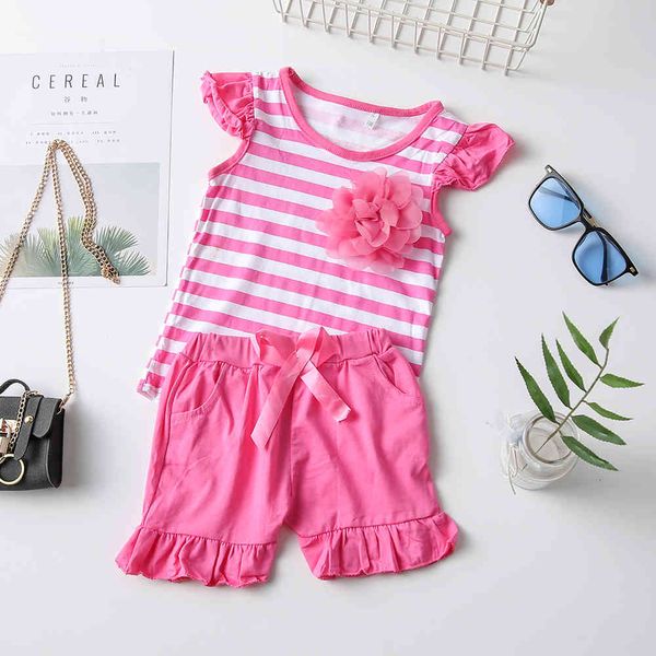 

girl's dresses s clothes summer set baby striped t-shirt + shorts 2pcs toddler kid clothing w15e, Red;yellow