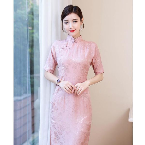 

ethnic clothing elegant cheongsam chinese traditional women's floral long dress evening summer pink casual noble female qipao modern, Red