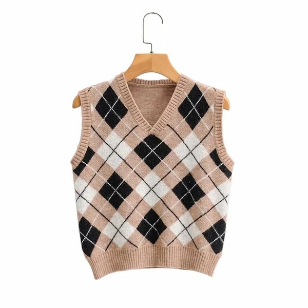 

argyle knitted sweater vest women casual streetstyle button pullovers khaki short autumn winter 210427, White;black