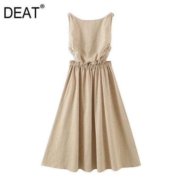 

[deat] summer fashion round neck high waist knee-length sleeveless backless khaki loose dress women 13c394 210527, Black;gray