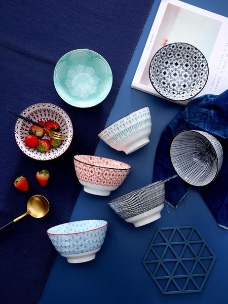 

bowls japanese style printing color 4.5 inch threaded bowl nordic simplicity household ceramic eating tableware