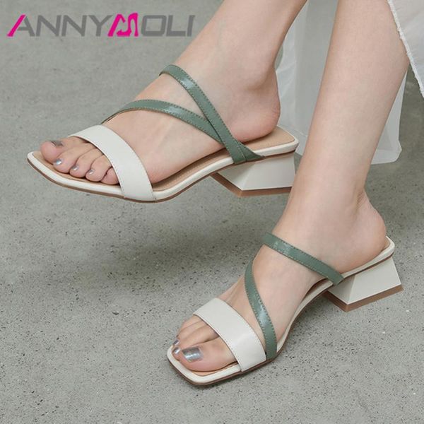 

slippers annymoli woman natural genuine leather shoes block mid heel square toe slides narrow band ladies sandals green size 40, Black