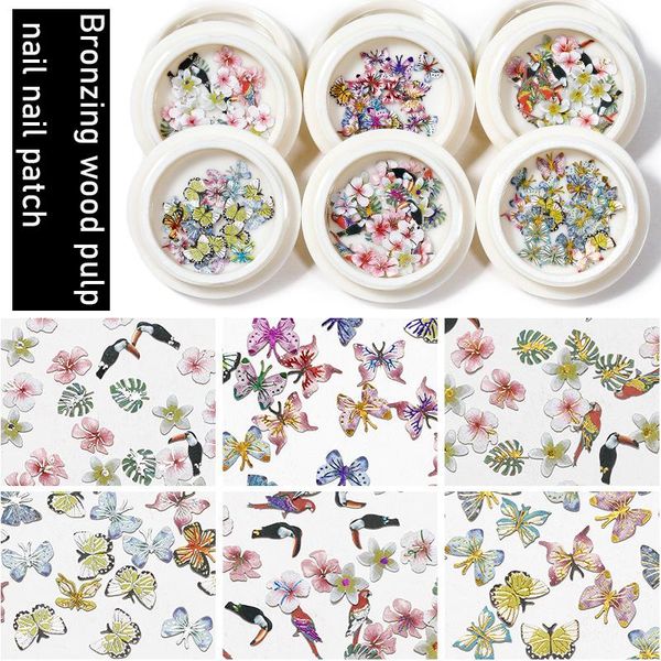 

nail art decorations 6 boxes set bronzing wood pulp sheet mixed butterfly simulation flowers ultra-thin diy design stickers, Silver;gold