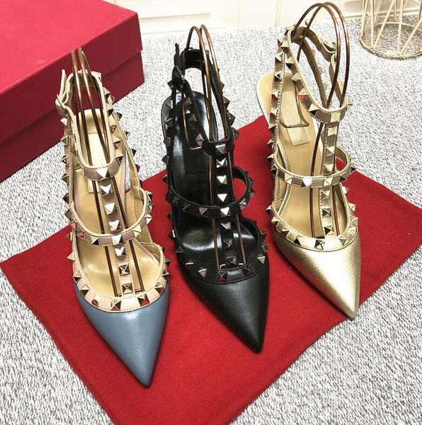

classics brand women sandals v logo 6cm 8cm 10cm high heel rivets shoes real leather wedding shoe thin heels ponted toe big size 44, Black
