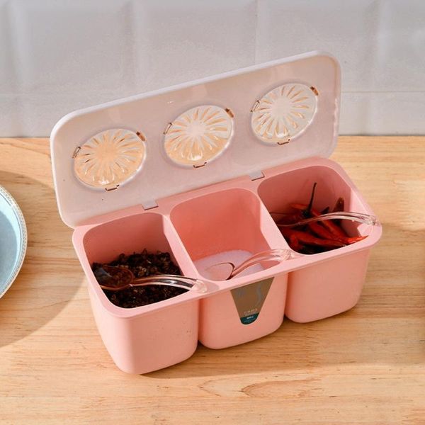

storage bottles & jars 3 grids compartment seasoning box with spoon and clear cover container spice jar can pot organizer for salt sugar