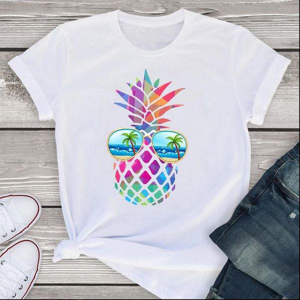 

womens t shirts women graphic short sleeve plaid pineapple beach fashion summer lady clothing shirt tees female, White