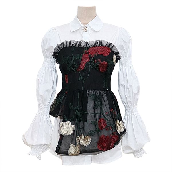 

blouses autumn new arrival long sleeve lace faked 2 piece blouse top, White