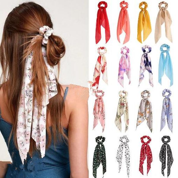 

fashion floral print scrunchies solid long hair ribbon for women ponytail scarf sweet elastic hairband accessories