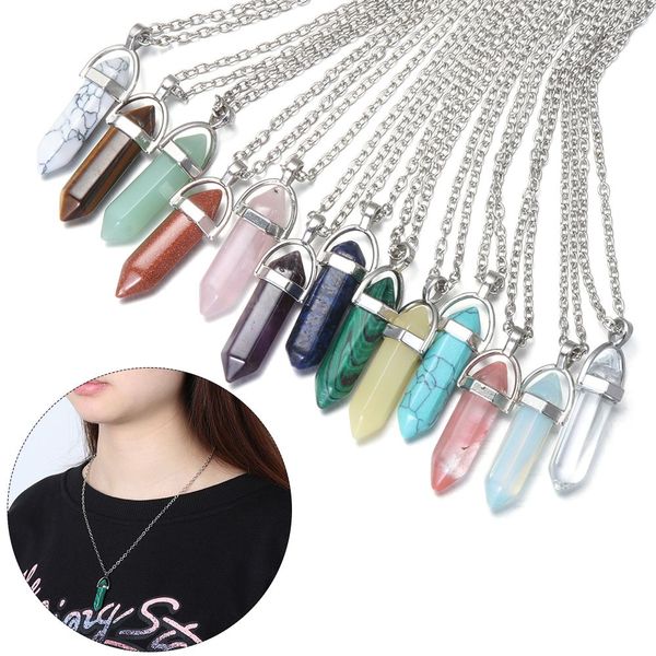 

fashion multi hexagonal prism pendant rose quartz reiki healing crystals chakra pendants necklace for women jewelry, Silver
