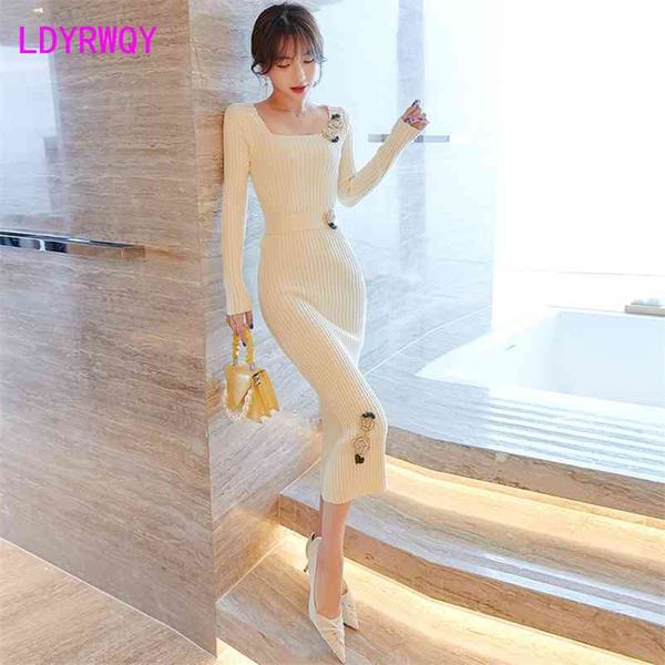 

women's long slim french style knee office lady polyester bottom with knitted dress autumn winter 210603, Black;gray