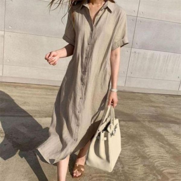 Coréia preguiçoso vento chique simples solta solteiro de manga curta camisa vestido casual split split lapela longo vestido de mulher 210517