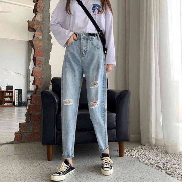 

arrival in spring fall women brem pants high waist casual cotton denihare vintage torn jeans s339, Blue