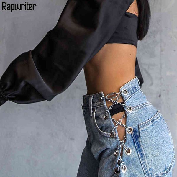 Rapwriter Patchwork Catena di metallo Pantaloni a vita alta Punk Jeans Streetwear Pantaloni dritti Harajuku a figura intera Demin Pant Femme 210415