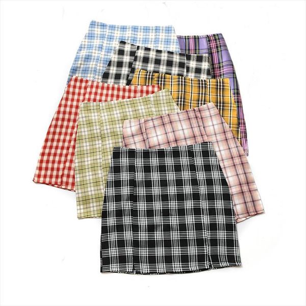 

plaid streetwear slim a line womens skirts high waist split short harajuku lattice, Black