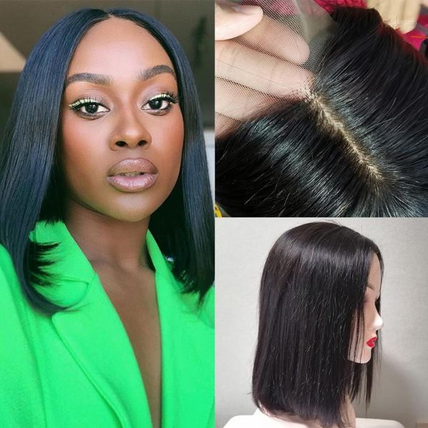 

silk base 2*5 lace closure bob straight human hair wig 100% preplucked transparent for black women remy1, Black;brown
