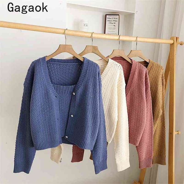 

korean women two piece set spring autumn vintage fashion chic solid warm loose wild knitted camis + cardigans 210531, White