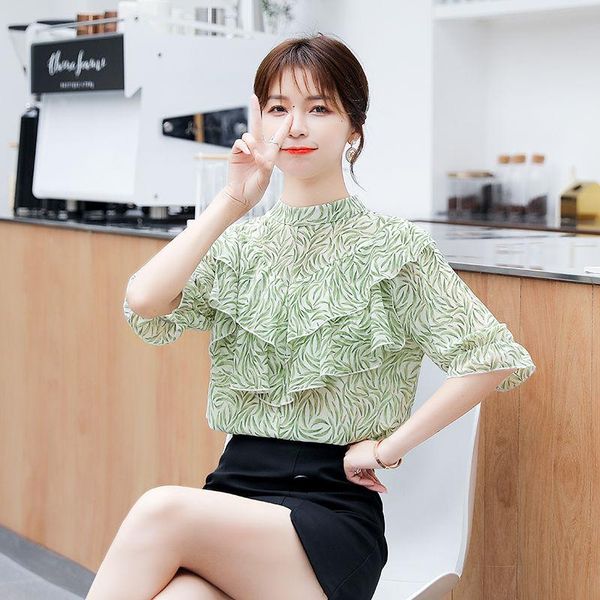 

women's blouses & shirts 2021 summer women casual loose half sleeve ruffles print chiffon fashion elegant office lady clothing, White