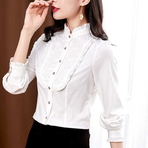 

korean women shirts chiffon blouses vintage woman lace long sleeve white blouse plus size 210604