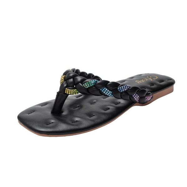

slippers fashion weave women ladies open square toe shoes flats colourful diamond woman flip flops casual beach, Black