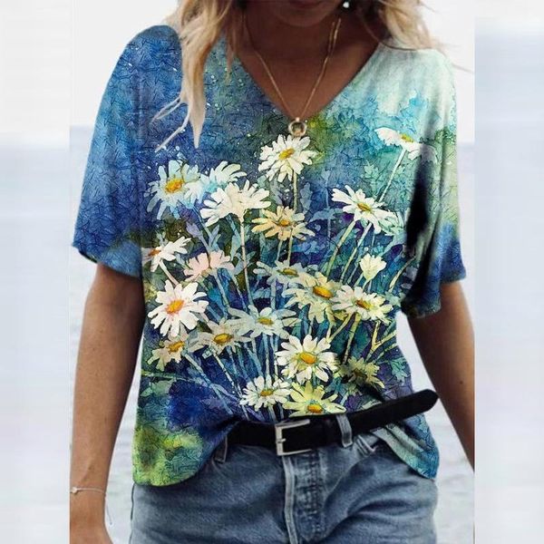 

women's t-shirt oversized flowers printing round neck loose t-shirts with short sleeve casual summer tee shirt femme 2021, White