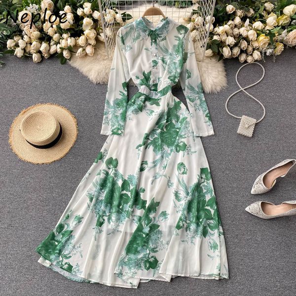 

neploe vintage french print holiday dress women turn down collar long sleeve vesidos high waist hip slim robe spring 210510, Black;gray