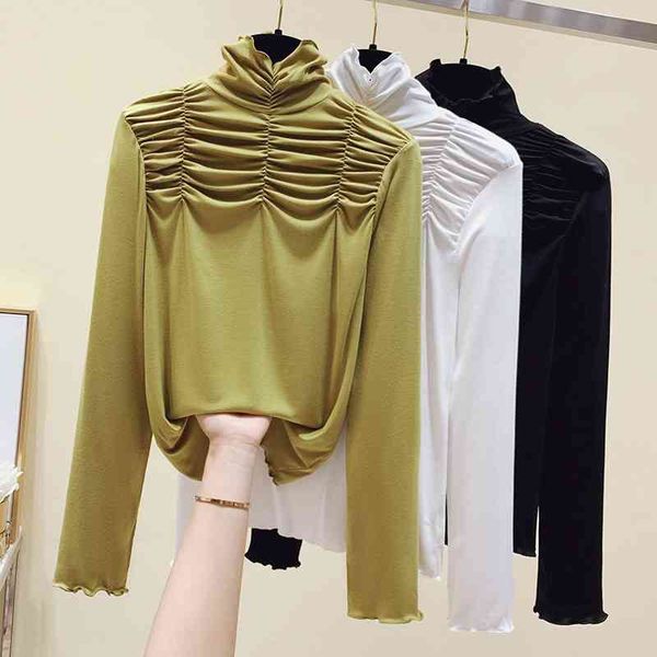 

korean harajuku long-sleeved bottoming shirt women solid color high collar slim shirts black girlfriends blouse 210603, White