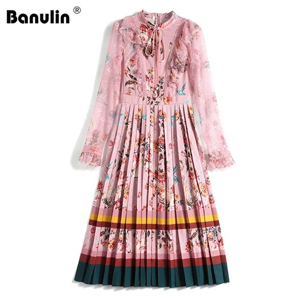 

spring autumn runway designer bow neck pleated dress women long sleeve ruffles lace patchwork floral print elegant midi dress 210409, Black;gray