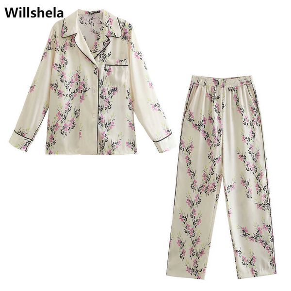 Duas peças Set Mulheres Floral Impresso Calças Calças Chique Lady Casual Pijama Estilo Za Outfit Sets Ensemble Femme 210930