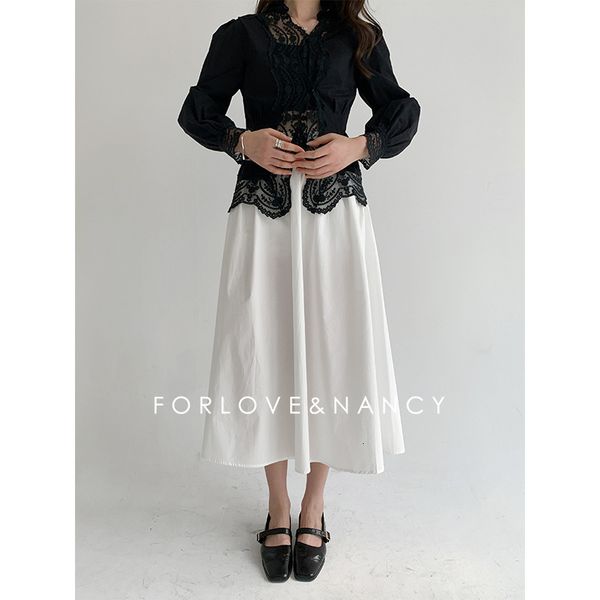 

skirts fn thirteen lin 2021 autumn winter women's drs simple solid color versatile high waist a-shaped medium length skirt 96016, Black